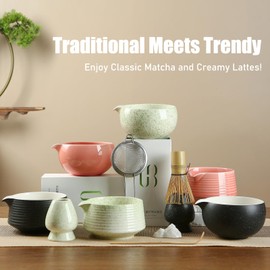 Matcha Whisk Set, Ceramic Matcha Set with Spout, Matcha Bowl Kit with Sifter, Whisk and Holder, Bamboo Scoop, Scoop Rest, Tea Towel, 7 Pcs Matcha Kit Set for Making Breakfast/Latte for Matcha Lovers