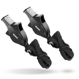 Wrzbest Sports Referee Coach Whistle，Bulk Dolphin Shape Pealess Plastic Whistles with Rubber Teeth Protector and Lanyard (2 General Black Whistle)