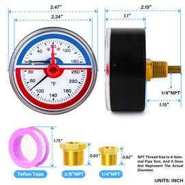 MEANLIN MEASURE 0-160Psi Thermal Pressure Gauge,0-250℉ 1/4" NPT 2.5" FACE DIAL,Boiler Temperature Pressure Gauge,with Reset Pointer, with 1/4" x 1/2" NPT and 1/4" x 3/8" NPT Hex Bushing,Back Mount