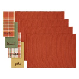 Elrene Home Fashions Harvest Sentiments Value Set, 4 Cloth Napkins and 4 Ribbed Placemats, Large, Multicolor, 8 Pieces