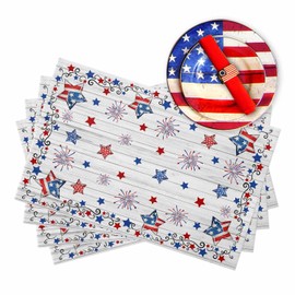 4th of July Placemats American Flag Stars Place Mats for Dining Table Patriotic Fireworks Retro Independence Day Washable Table Mats for Kitchen Dining Decorations Set of 6
