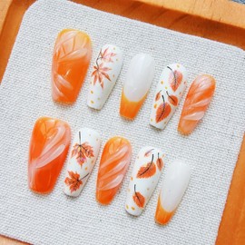 30Pcs Fall Maple Leaf Press on Nails Medium Coffin Fake Nails with 3D Designs Autumn Leaves False Nails Orange Gradient Glossy Stick on Nail Thanksgiving Glue on Nail for Women Manicure