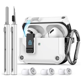 Alomia Funda Uso Rudo Compatible con AirPods Pro 2. Funda con Bloqueo de Seguridad. Protege de caídas, rayones y Polvo con Kit de Limpieza y 3 Pares de Almohadillas (S/M/L) (Color Blanco)