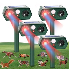 4Pack Upgraded Raccoon Fortress Pro Sonic Fortress Pro Deer Repeller Solar Ultrasonic Animal Repellent Outdoor Motion Activated Squirrel & Cat Deterrent to Keep Skunk Rabbit Out of Garden & Yard