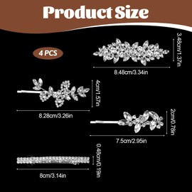 4 Pcs Rhinestone Hair Clips Silver Bridal Hairpin Barrette Leaf Wedding Prom HairPins Elegant Unique Hair Accessories Crystal Bobby Pins for Brides Bridesmaids Flower Girls