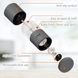 LHS Premium Salt and Pepper Grinder Set, Stainless Steel Salt Pepper Shaker Set, Refillable Pepper Grinder and Salt Mill with Adjustable Coarseness for Kitchen Use - 4.6 Inches(2-Pack, Grey & Black)