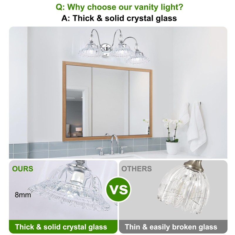 ZHUOER Chrome Bathroom Vanity Light Fixtures 3 Lights Vanity Lights