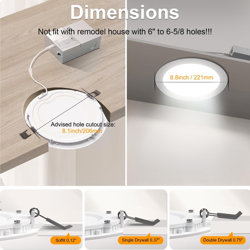 6 Pack 8 Inch LED Recessed Lighting with Junction Box