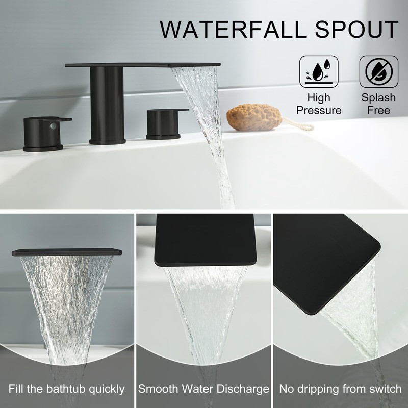 GUOYINDONG Matte Black Roman Tub Faucet, 3 HoleWaterfall Bath Tub