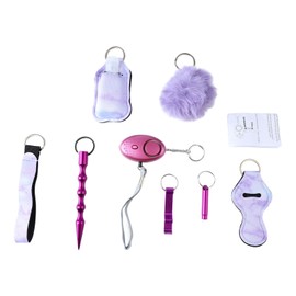 9pcs Safety Keychain Set Loud Alarm Wrist Strap Whistle PU Leather Keychain Set for Women Purple