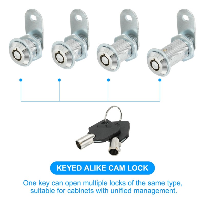 PATIKIL キャビネットカムロック キー付き 4個1-1/6"(30mm) キーが同じカムロックシリンダー 亜鉛合金 クロム 引き出しロック チューブ ラーカム