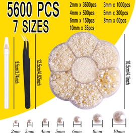 5600pcs Flatback Pearls for Crafts Mixed Sizes Half Pearl Bead Flat Back Plastic Beads Loose Bead with Pickup Pencil and Tweezer for DIY Craft Makeup Jewelry Decorations Nail Art Making-Beige