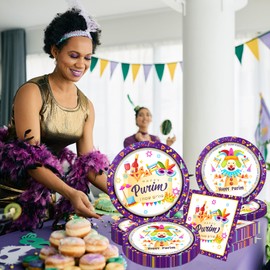 HAKOTI Happy Purim Party Supplies,60Pcs Jewish Purim Tableware Decorations Set Purple White Purim Mask Plates and Clown Napkins, Happy Purim Dinnerware for Jewish Carnival Holiday Party Decor