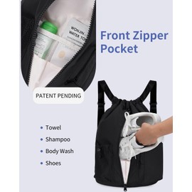 WANDF Drawstring Gym Bag Sports Backpack with Shoes Compartment Water-resistant Swimming Bag for Men Women Ideal for PE School Travel Beach (Black)