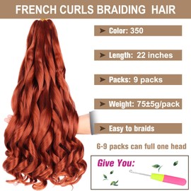 COOKOO 9 Packs 22 Inch Ginger French Curl Braiding Hair 75g/Pack Premium Bouncy Braids Hair for Black Women Pre-Stretched Wavy Texture Braiding Synthetic Hair Extensions for Butterfly Locs 350#