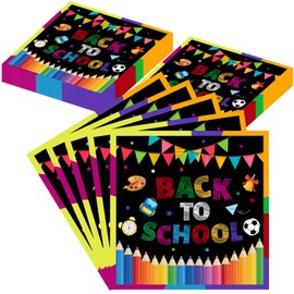 40 Pcs Welcome Back to School Napkins Black Clocks Flags Pencils Disposable Paper Napkins for Dinner Picnic Cocktail First Day of School Party Supplies - 6.5 x 6.5 In