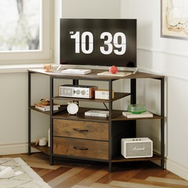 Welfuturer Corner TV Stand for 55 Inch TV, Farmhouse Entertainment Center with 2 Drawers Storage, Corner TV Console with Power Outlet, Retro Brown Media Console for Living Room, Brown