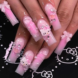 Press on Nails Long, Acrylic Stick on Nails, 24pcs Nude Pink Black Coffin Design Fake Nails with Glue Sticker for Women and Girls Fashion Nail Tips Cool Nails (Kitty-3)
