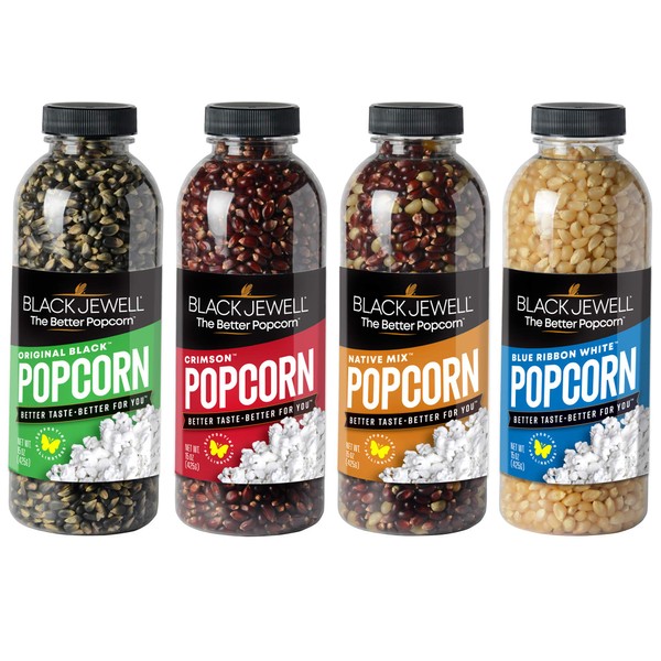 Black Jewell Hulless Popcorn, Variety Pack with Original Black, Crimson, Native Mix, Blue Ribbon White Kernels for Popping. Pops White, Non-GMO, All Natural Snack with Antioxidants, Whole Grain, Gluten Free, Gourmet, Vegan, 15oz (Pack of 4)