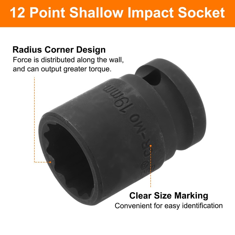 sourcing map 1/2" Drive x 19mm Shallow Impact Socket 12-Point