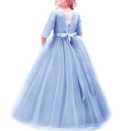 IBTOM CASTLE Girls 3/4 Sleeve Tulle Lace Flower Party Dress Long Princess Gown A Line Floor Length Wedding Bridesmaid Evening Formal Prom Pageant Dress for Kids Light Blue 7-8 Years