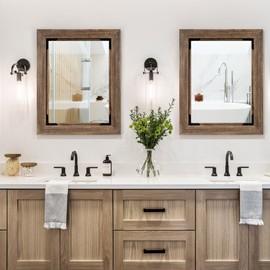 28"x36" Solid Wood Bathroom Mirror Tempered Glass for Wall Mounted, Rustic Wood Frame Wall Mirror Decorative for Living Room Bedroom Vanity Mirror, Rustic Brown