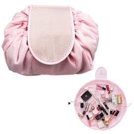 NARUTOO Lazy Drawstring Makeup Bag, Travel Cosmetic Bag Large Capacity Drawstring Makeup Bag Lazy Cosmetic Bag Beam Mouth Storage Bag Cosmetic Pouch Travel Storage Bag (Pink)