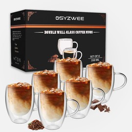 DSYZWEE Double Walled Glass Coffee Mugs, 350ML Insulated Latte Glasses Mugs, 6 Pack Hollow Insulated Glass Coffee Cups with Handle, for Latte, Cappuccinos, Heat Resistant