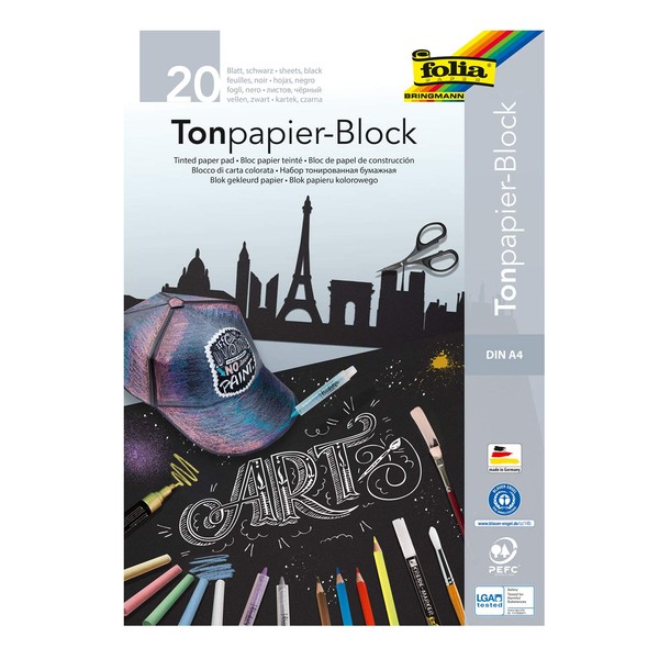 folia 197 - Tonpapierblock, schwarzes Zeichenpapier, DIN A4, 20 Blatt 130g/m², Block mit Kopfleimung, ideal für helle Farben wie Kreide, Speckstein