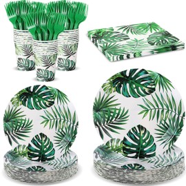 Havawish 120 Pcs Hawaiian Party Decorations Supplies Tropical Palm Leaves Tableware Set for 24 Guests Luau Party Plates Napkins Cups Forks for Summer Safari Jungle Birthday Party Decorations
