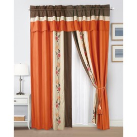 Chezmoi Collection Serene 4-Piece Luxury Orange/Brown/Taupe Autumn Floral Embroidery Window Curtain Panel Set with Sheer Backing Valance Tassels, 120 inch x 84 inch