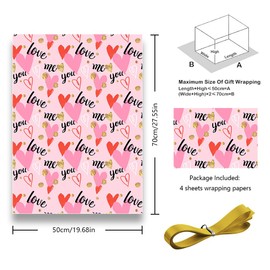 Wedding Wrapping Paper,Anniversary Pink And Red Heart Valentine Gift Wrap,4 PCS LOVE ME YOU Birthday Wrapping Paper With Gold Ribbon For Valentine's Day Fathers Mothers Day Girls Baby Bridal Shower