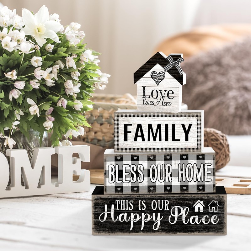 4 Pcs Farmhouse Family Wooden Tiered Tray Decor Set, Rustic