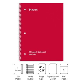 Staples 132714 1-Subject Notebook 8-Inch x 10.5-Inch Wide Ruled 70 Sheets Red (24007M)