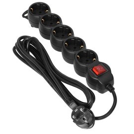 Miratic 5-Way Power Strip Multiple Socket Black with Switch Socket Strip 5-Way with Flat Connector IP20 Maximum Load [W]: 3680 Socket Type: Schuko (5 m)