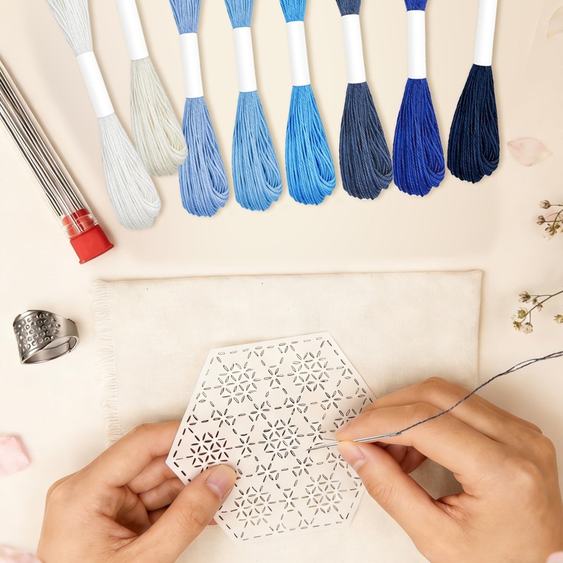 52PCS Sashiko Embroidery Kit with Threads, Needles, Thimble, Plastic Stencils,