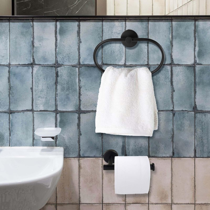 Black Towel Holder 2 Set - Towel Ring & Toilet