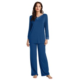 WiWi Bamboo Soft Pajamas Sets for Women Long Sleeve Sleepwear Loose Comfy Pjs Set with Pants Plus Size Loungewear S-4X, A-dark Blue, Large