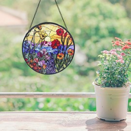 Wildflowers Sun Catcher RVEAFA Stained Glass Window Hanging Plant Lover Gifts for Women Wildflowers Wall Decor, 9.8 inch