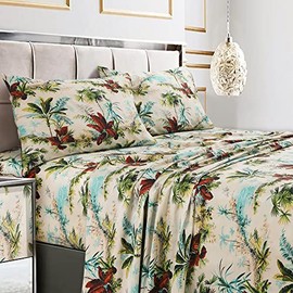 Tribeca Living Queen Bed Sheet Set, Soft Cotton Sateen Printed Sheets Tropical Print, Extra Deep Pocket, 300 Thread Count, 4-Piece Bedding Sets, Paradise Island Multi, (PARAISL4PSSQU)