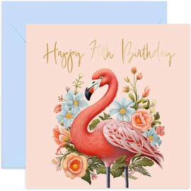 Old English Co. Cute 70th Birthday Card for Women - Pretty Seventieth Birthday Card for Her - Special Age Birthday Card for Grandma, Sister, Mum - Gold Foil Floral Flamingo Design | Blank Inside
