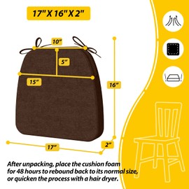 AAAAAcessories D-Shaped Chair Cushions for Dining Chairs with Ties and Removable Cover, 2'' Thick Dining Kitchen Chair Pads, Indoor Dining Room Chair Cushions, 17'' x 16'', Set of 2, Brown