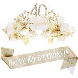 40th Birthday Sash and Flower Crown - White Gold Floral Star Crystal Headband With Sash Headdress Set for Women 40 Years Old, Birthday Tiara Gifts to My Wife Sister Colleague and Friend