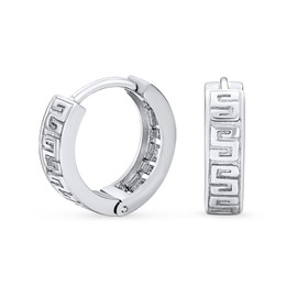 Cutout European Greek Key Design Huggie Hoop Earrings For Women Men .925 Sterling Silver Polished Hinged Diameter 0.65 Inch