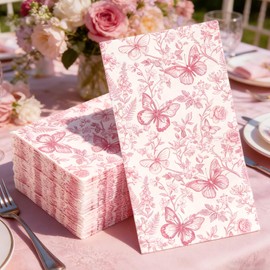 AnyDesign 100 Pcs Pink Floral Guest Napkins Disposable Napkins Chinoiserie Flower Butterfly Dinner Hand Paper Towel Napkin for Bathroom Wedding Birthday Spring Party Table Supplies