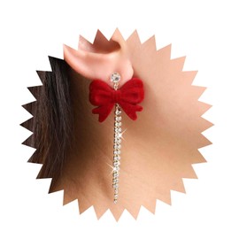 Inilbran Boho Red Velvet Bow Earrings Vintage Bow Tie Tassel Chain Dangle Earrings Red Ribbon Bow Dangle Earrings Gold Long CZ Tennis Chain Earrings Jewellery for Women and Girls, Zinc