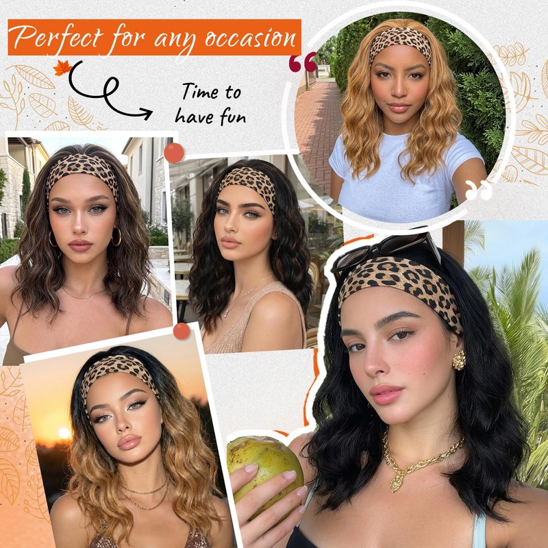 Glueless Wavy Headband Wigs 14inch Synthetic Honey Blonde Brown Mix