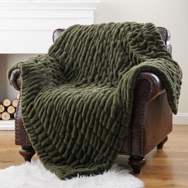 BATTILO HOME Olive Green Faux Fur Throw Blanket for Bed,