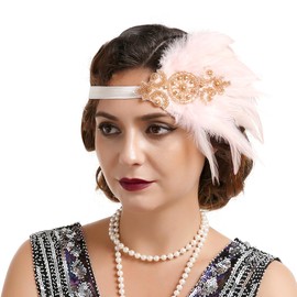 VENOFEN 1920s Flapper Headpiece Pink Feather Headband Rhinestone Roaring 20s Gatsby Headpiece Vintage Headdress for Women