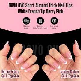 NOVO OVO Almond Short White French Tip Nail Tips Press on BERRY PINK, Extra Thick Full Cover False Fake Nails, Need Builder Gel Top Coat & Glue, for Salon DIY Acrylic Extension x 16 Sizes 224 pcs